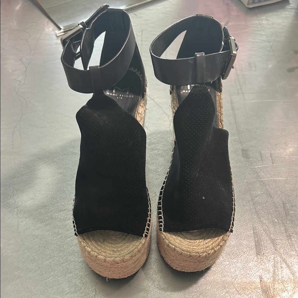Marc Fisher Black Espadrille Wedge Sandals with Ankle Strap